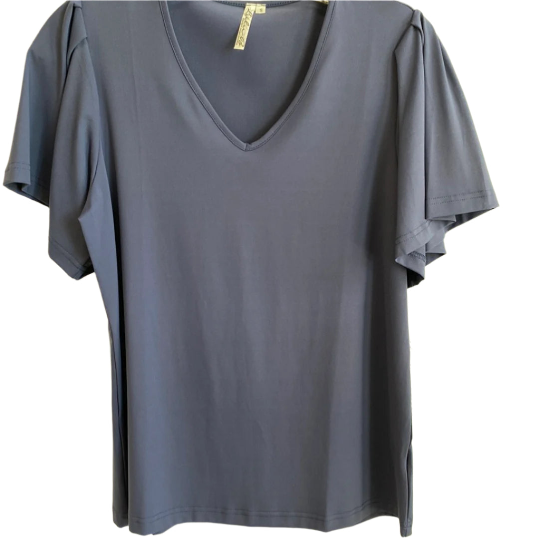 S/S Frill With V-Neck-Navy