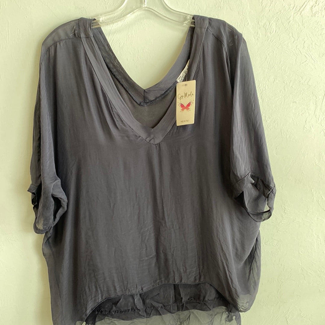 V-Neck Silk Kaftan with Raw Edge Hem-Navy