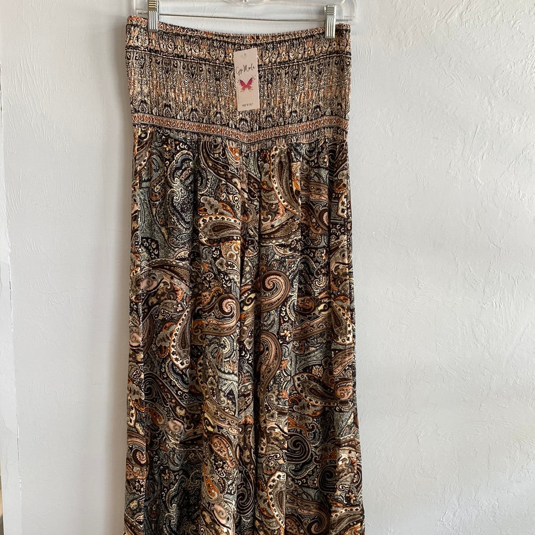 Paisley Print Elastic Wide Leg Pant-Black