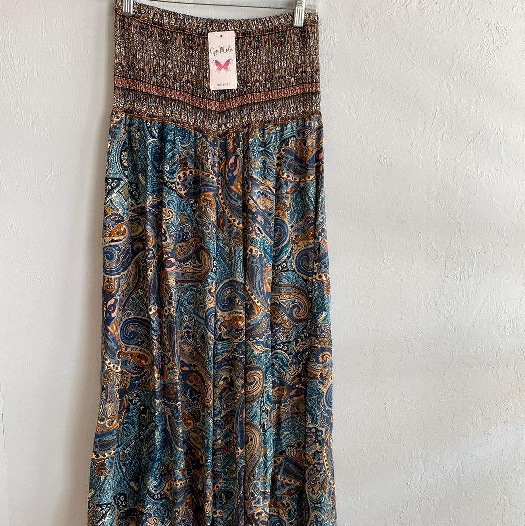 Paisley Print Elastic Wide Leg Pant-Navy