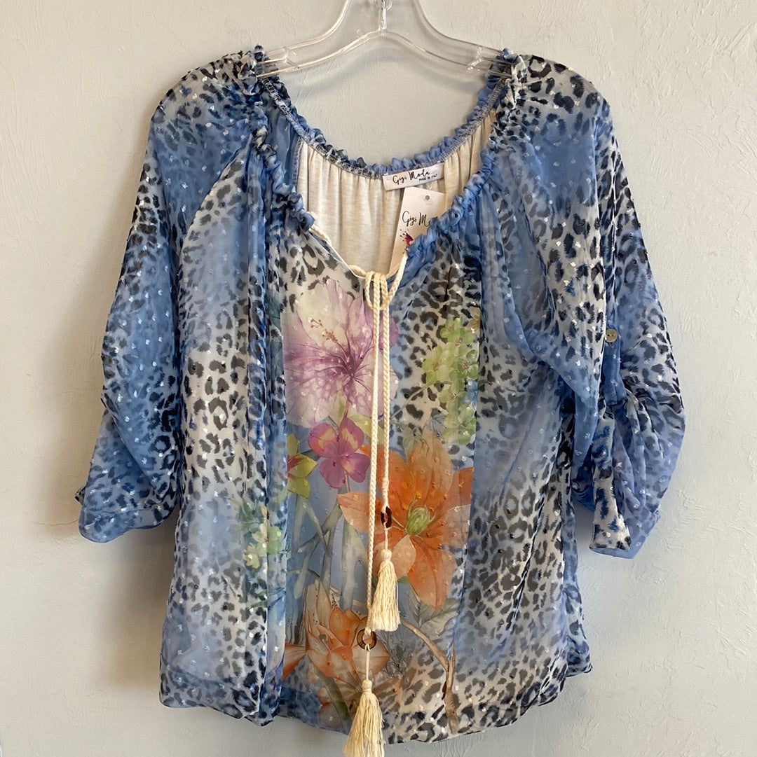 Drawstring Neckline, Balloon Hem Cuffed Sleeve Top-Blue