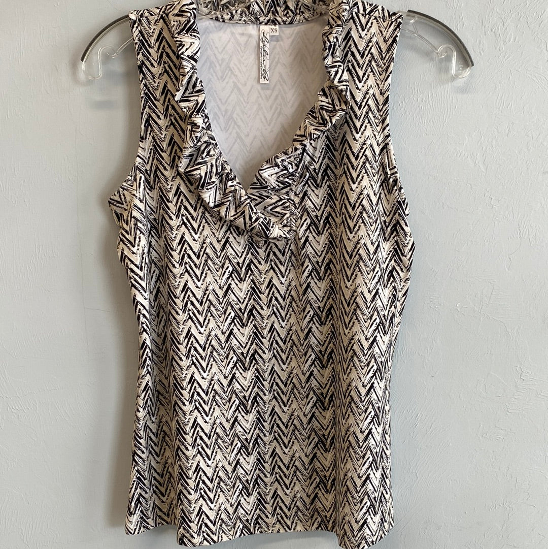 V-Neck Ruffle Tank-Chevron Neutrals