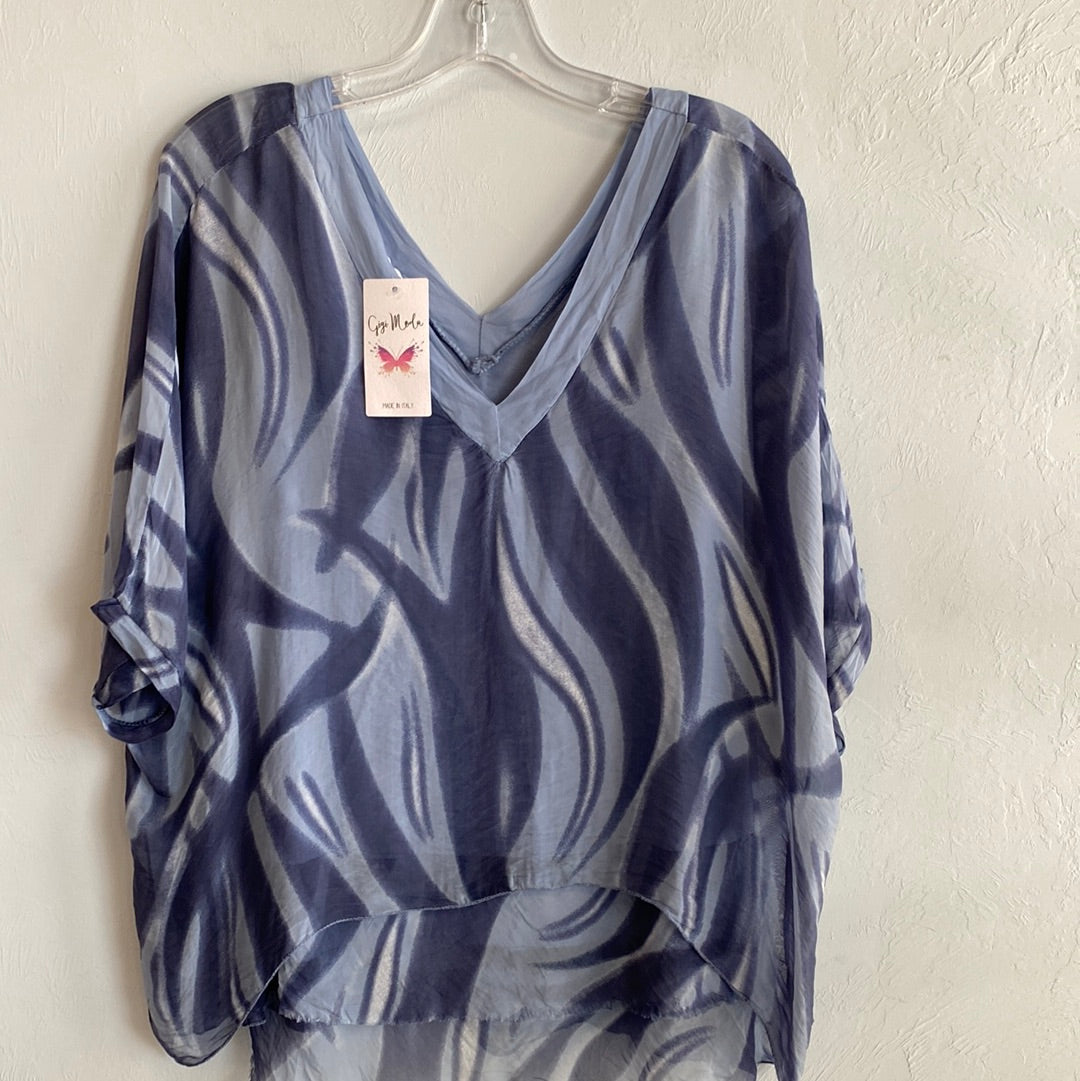 Wave Print V-Neck Silk Kaftan with Raw Edge Hem-Blue