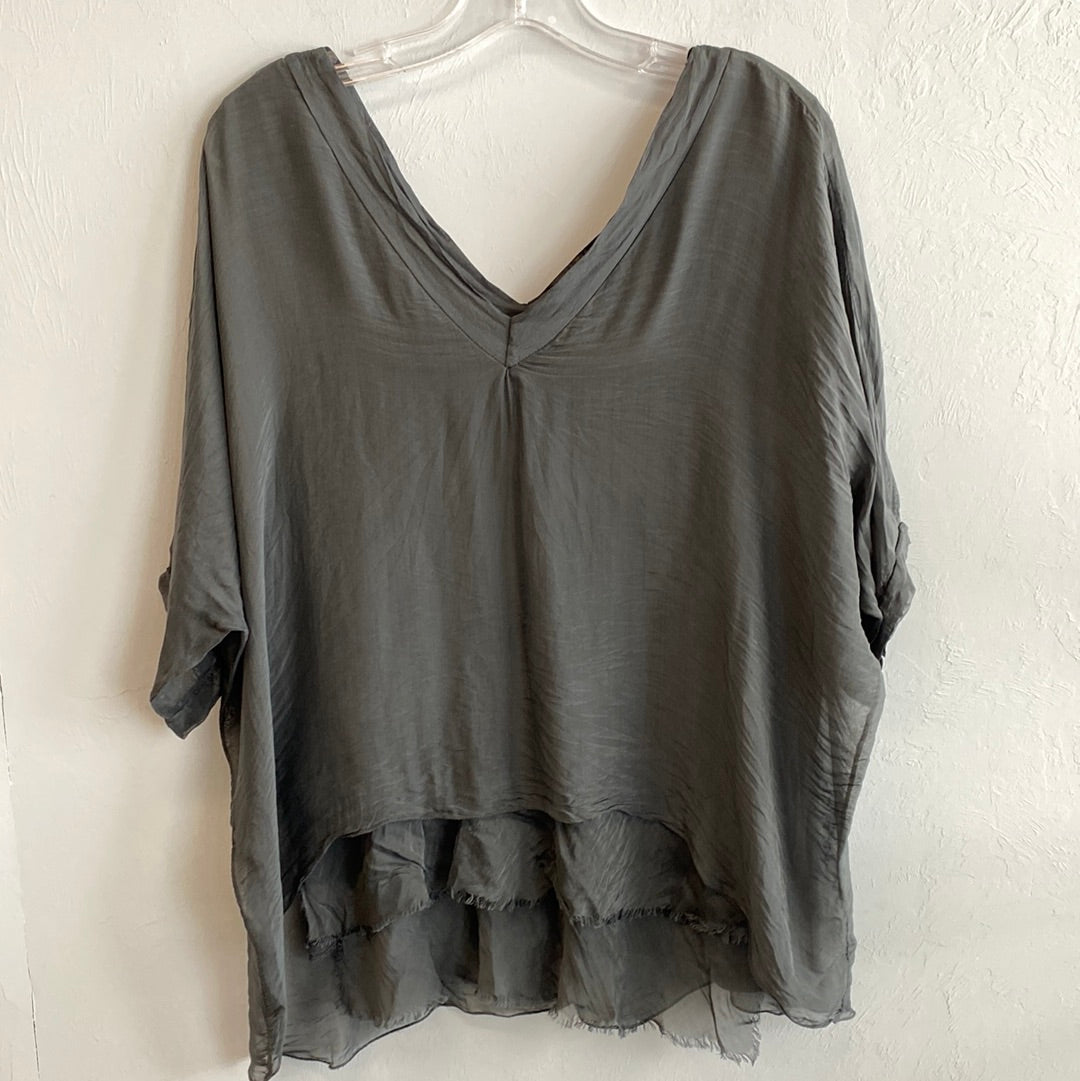 V-Neck Silk Kaftan with Raw Edge Hem Charcoal