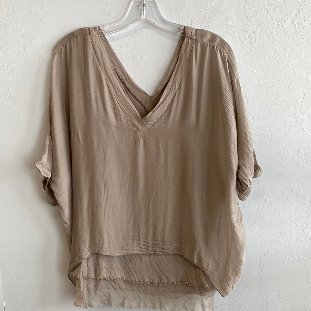 V-Neck Silk Kaftan with Raw Edge Hem-Taupe