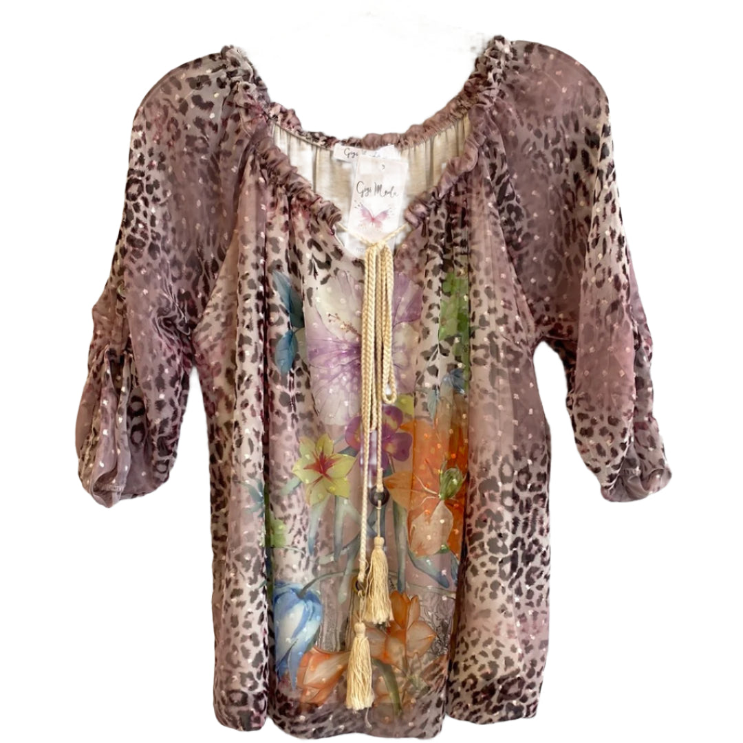Drawstring Neckline, Balloon Hem Cuffed Sleeve Top-Pink