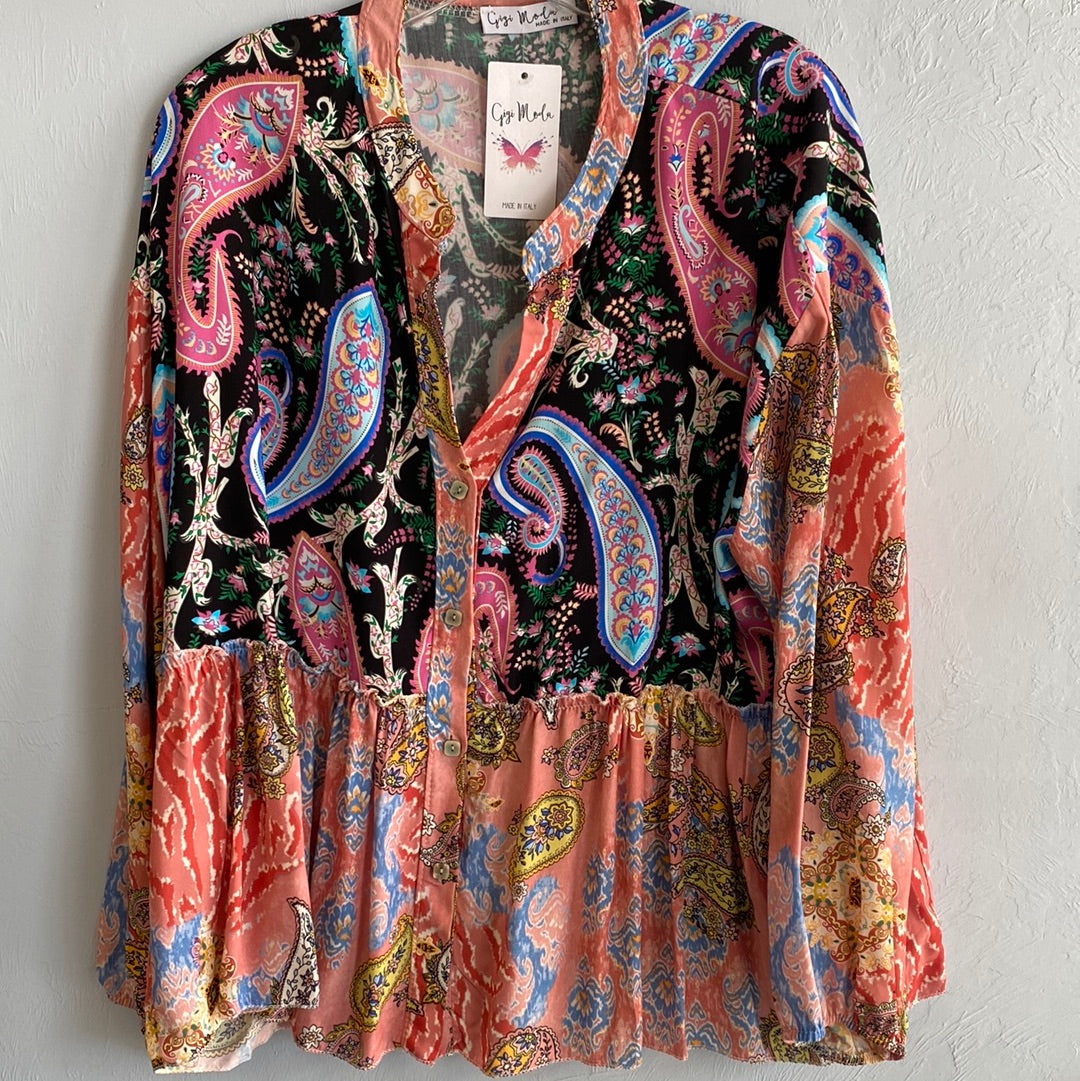 BD Loose Peplum Paisley Blouse-Pink/Black