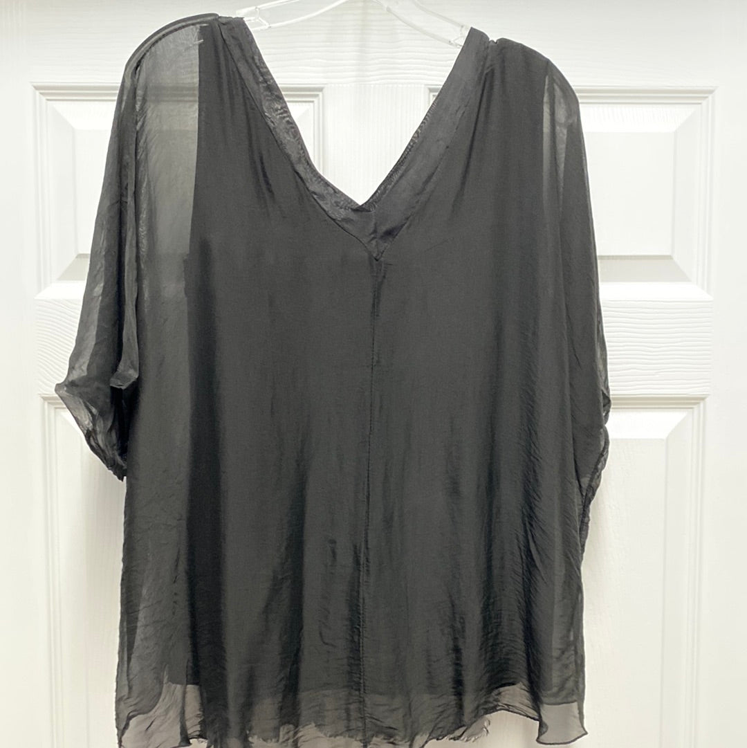 V-Neck Silk Kaftan with Raw Edge Hem-Black