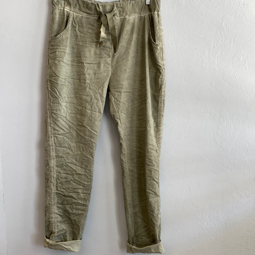 Tie Waist Pant With Pocket & Stripe-Olive