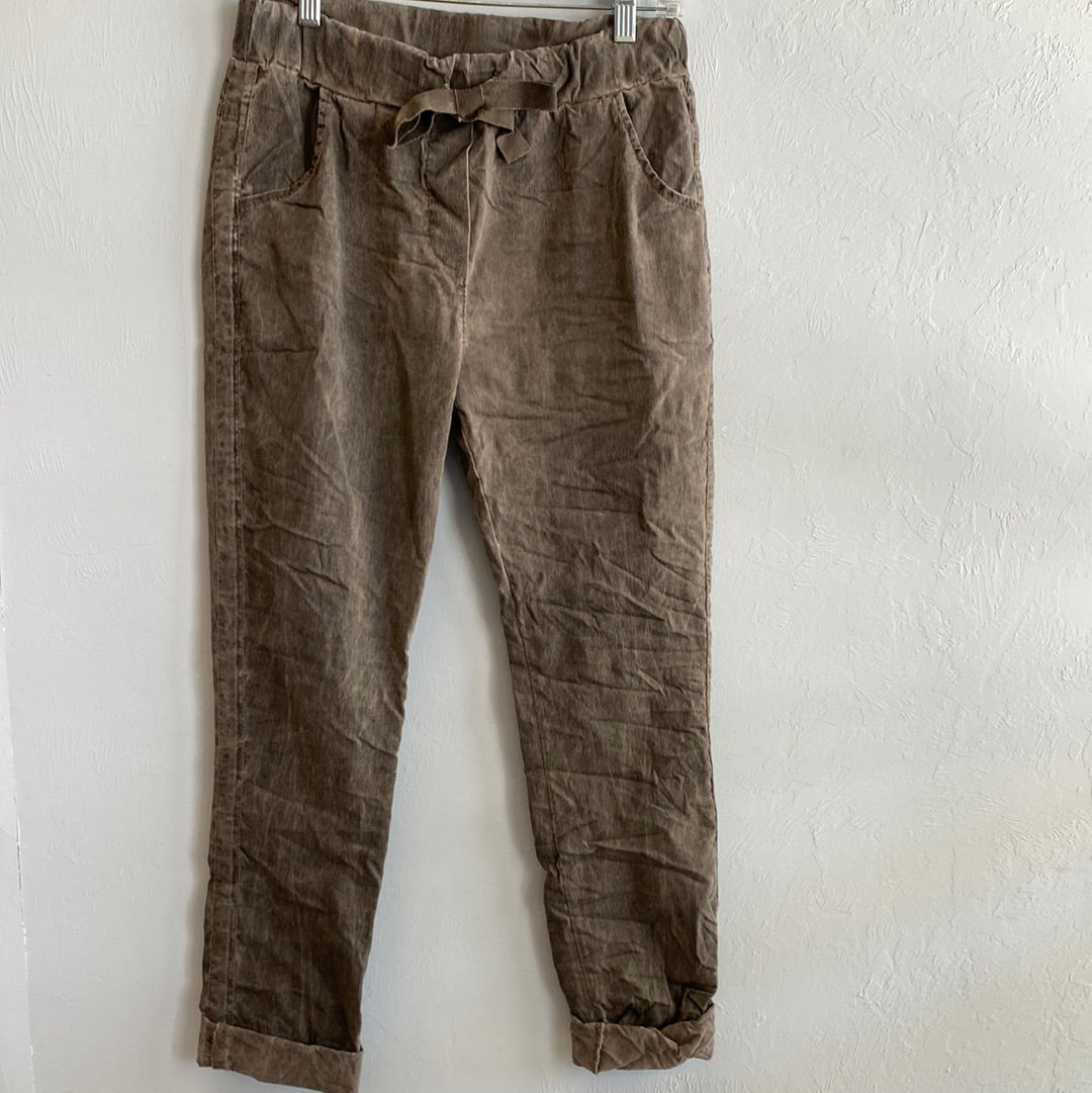 Tie Waist Pant With Pocket & Stripe-Chocolate