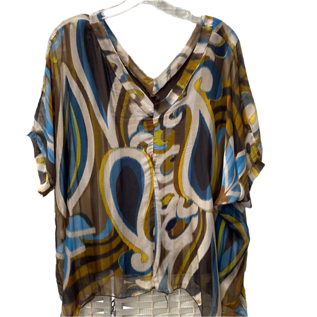 Silk V-Neck Swirl Short Sleeve-Brown/Blue
