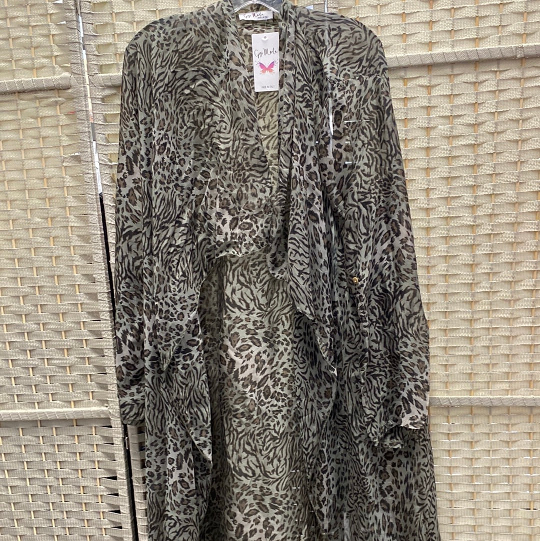 Safari Print Long Cardigan-Desert Grey