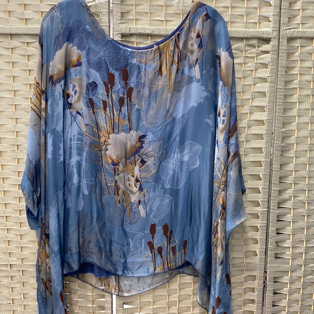 Silk Kaftan Fall Flower Blue