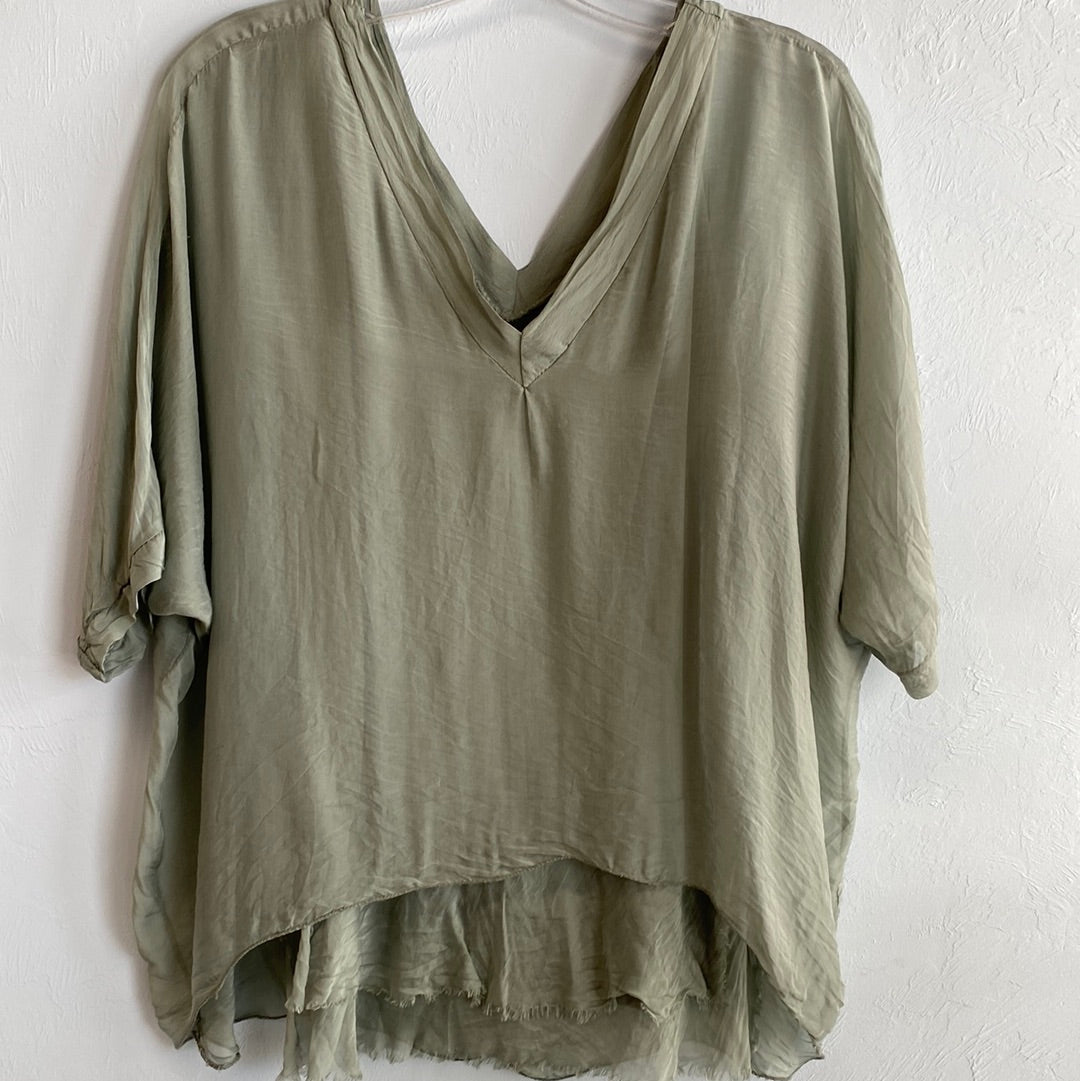 V-Neck Silk Kaftan with Raw Edge Hem-Olive
