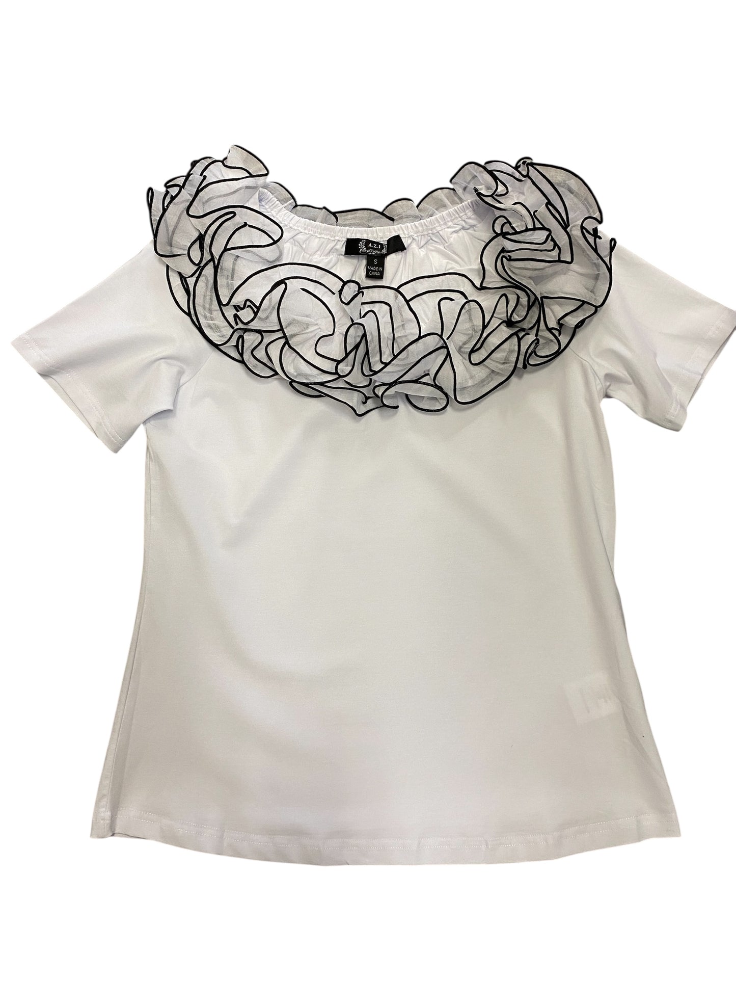 White top with ruffled lace collar on a white background