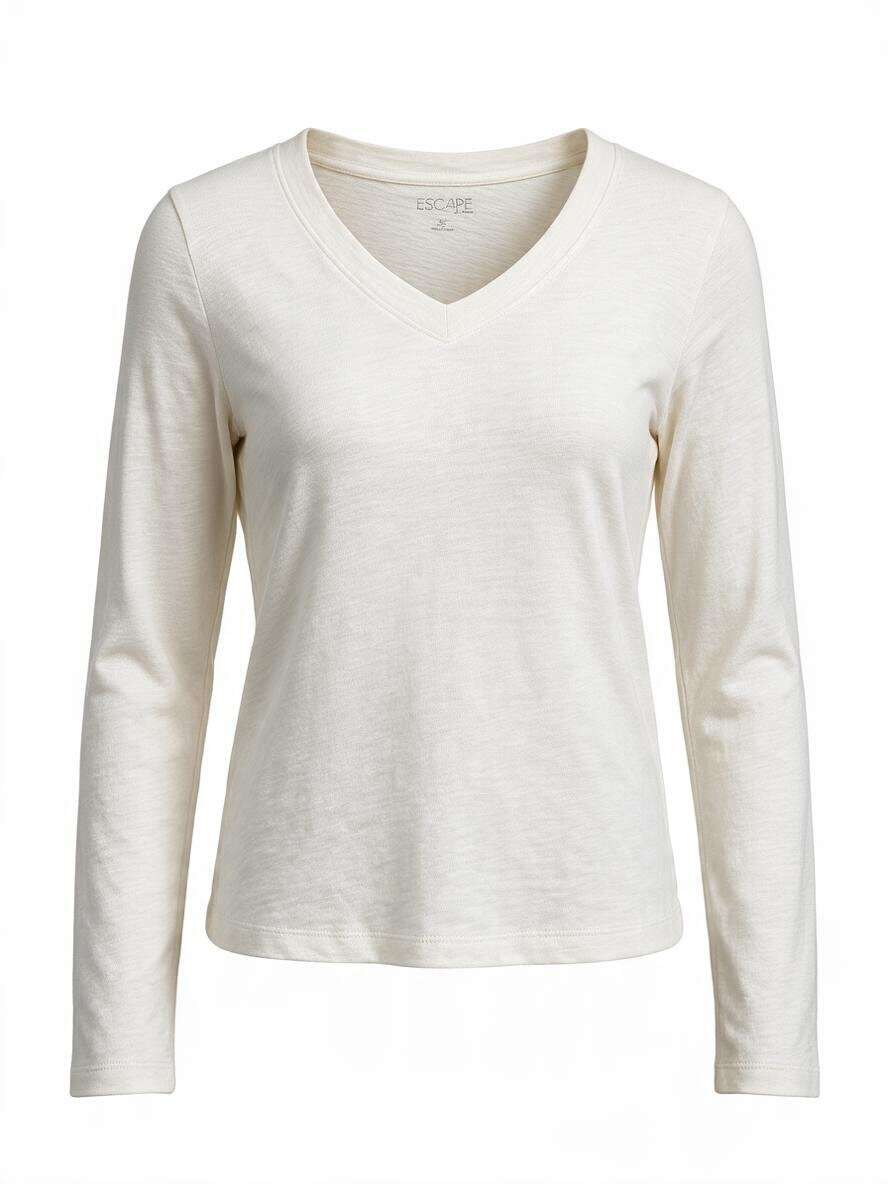 An off-white long-sleeve V-neck top with a slub texture, displayed on a clean white background.