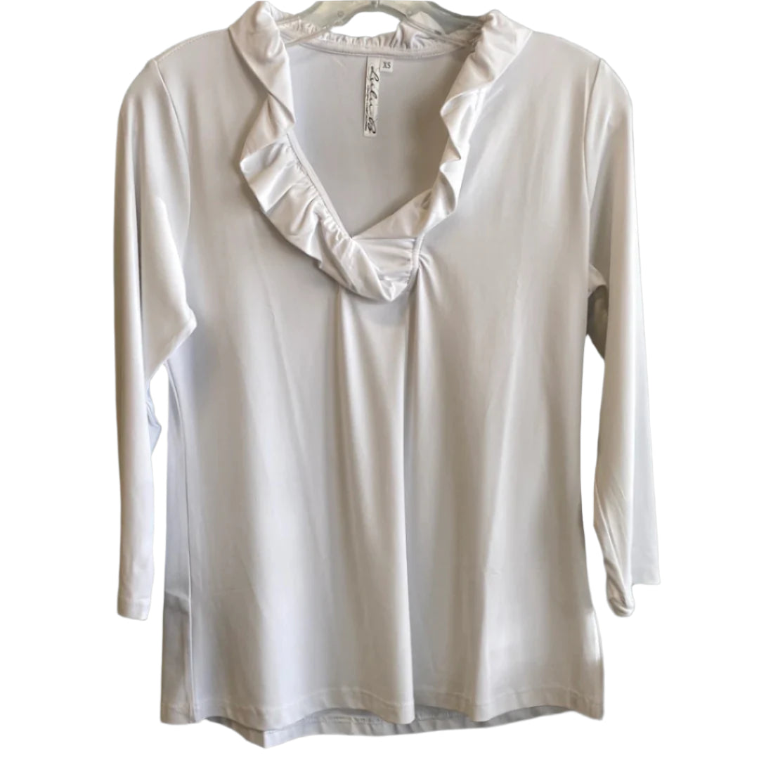Ruffled Neck 3/4 Sleeve Top-White