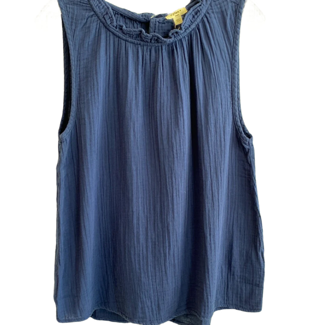 Gauze Ruffle Neck Sleeveless Top-Catalina Blue