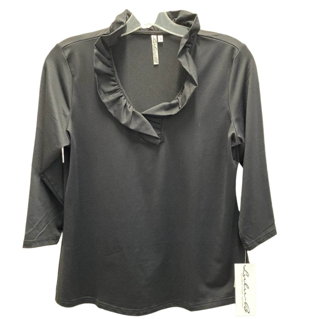 Ruffled Neck 3/4 Sleeve Top-Black