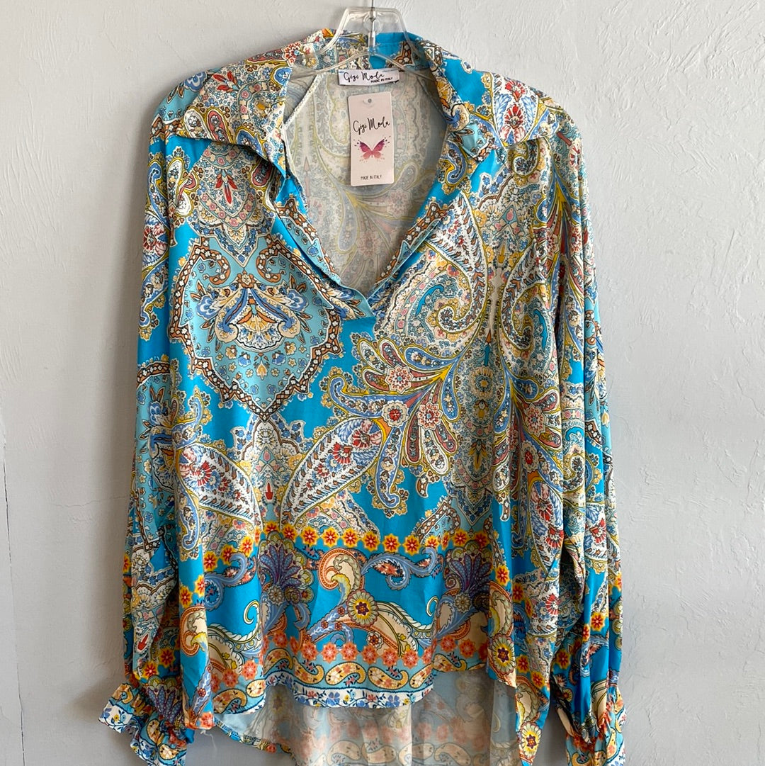 Collared V-Neck Paisley Print Balloon Sleeve-Turq