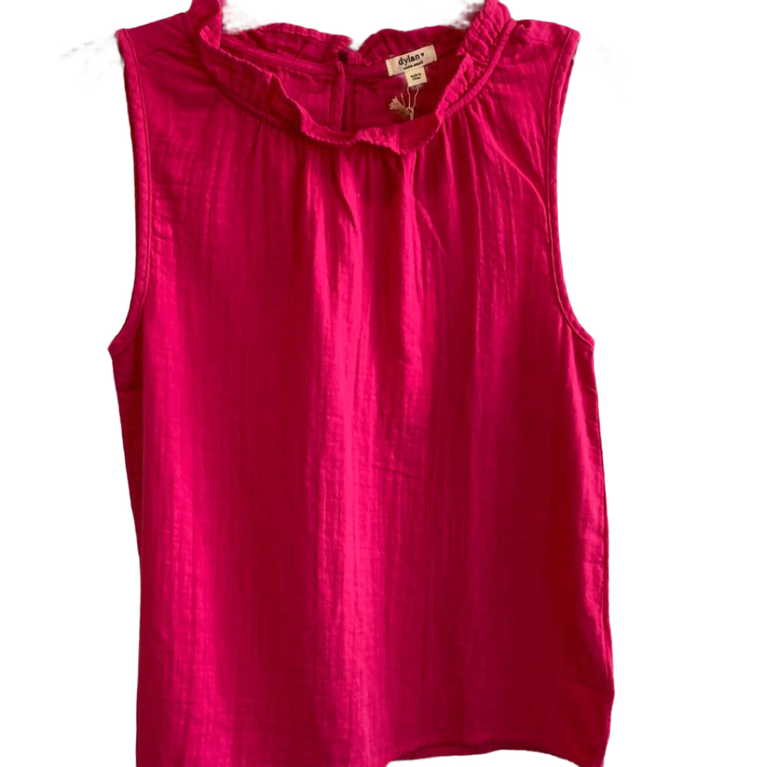 Gauze Ruffle Neck Sleeveless Top-Bold Fuchia