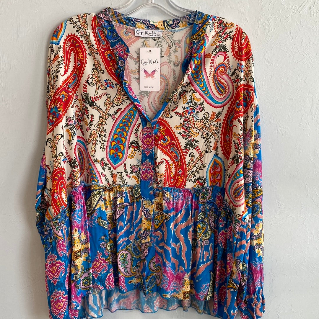 BD Loose Peplum Paisley Blouse-Tu/Hot Pink
