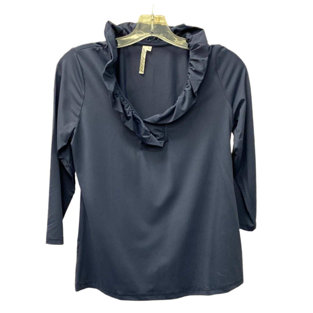Ruffled Neck 3/4 Sleeve Top-Navy