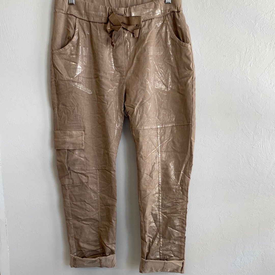 Cargo Pants Drawstring With Silver Paint Taupe