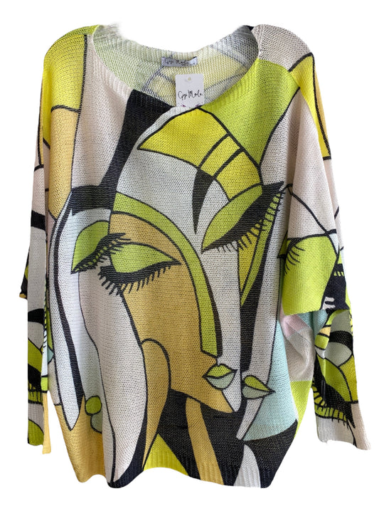 Batwing Mesh Sweater Face Print-Lime
