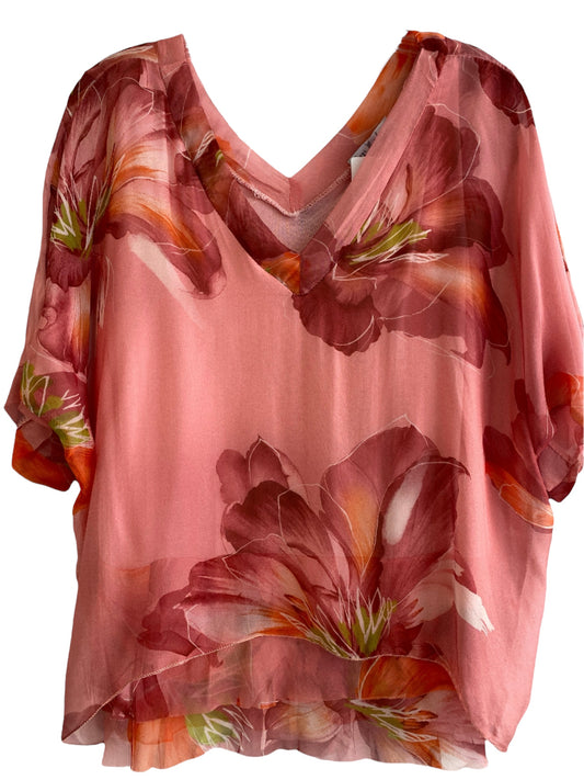 Diana Floral Bloom Print Blouse-Coral