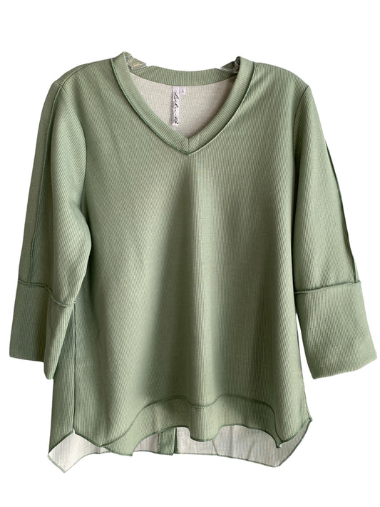 V-Neck Button Back Top-Sage