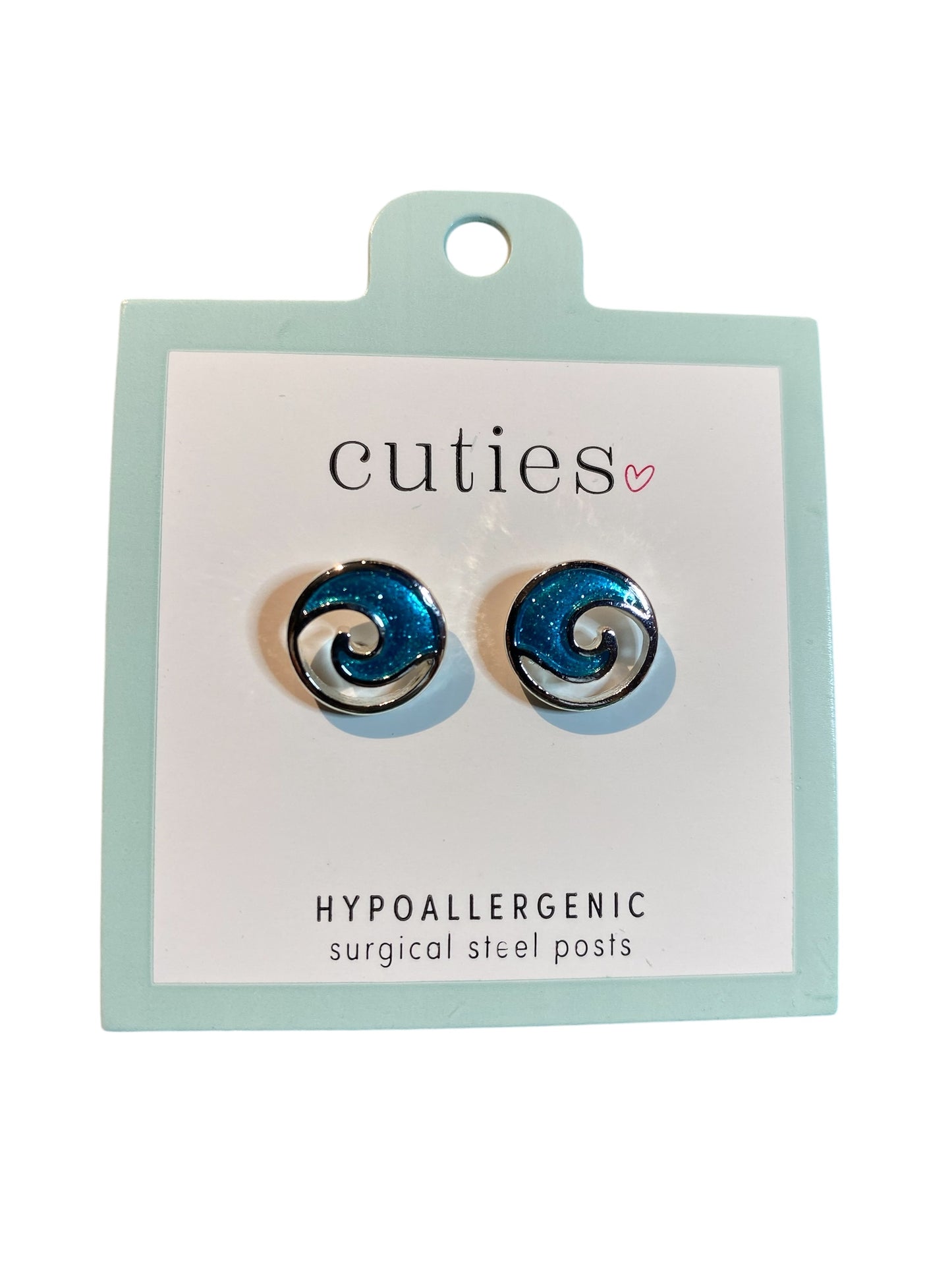 Pair of blue and silver spiral earrings on a 'cuties' branded card.