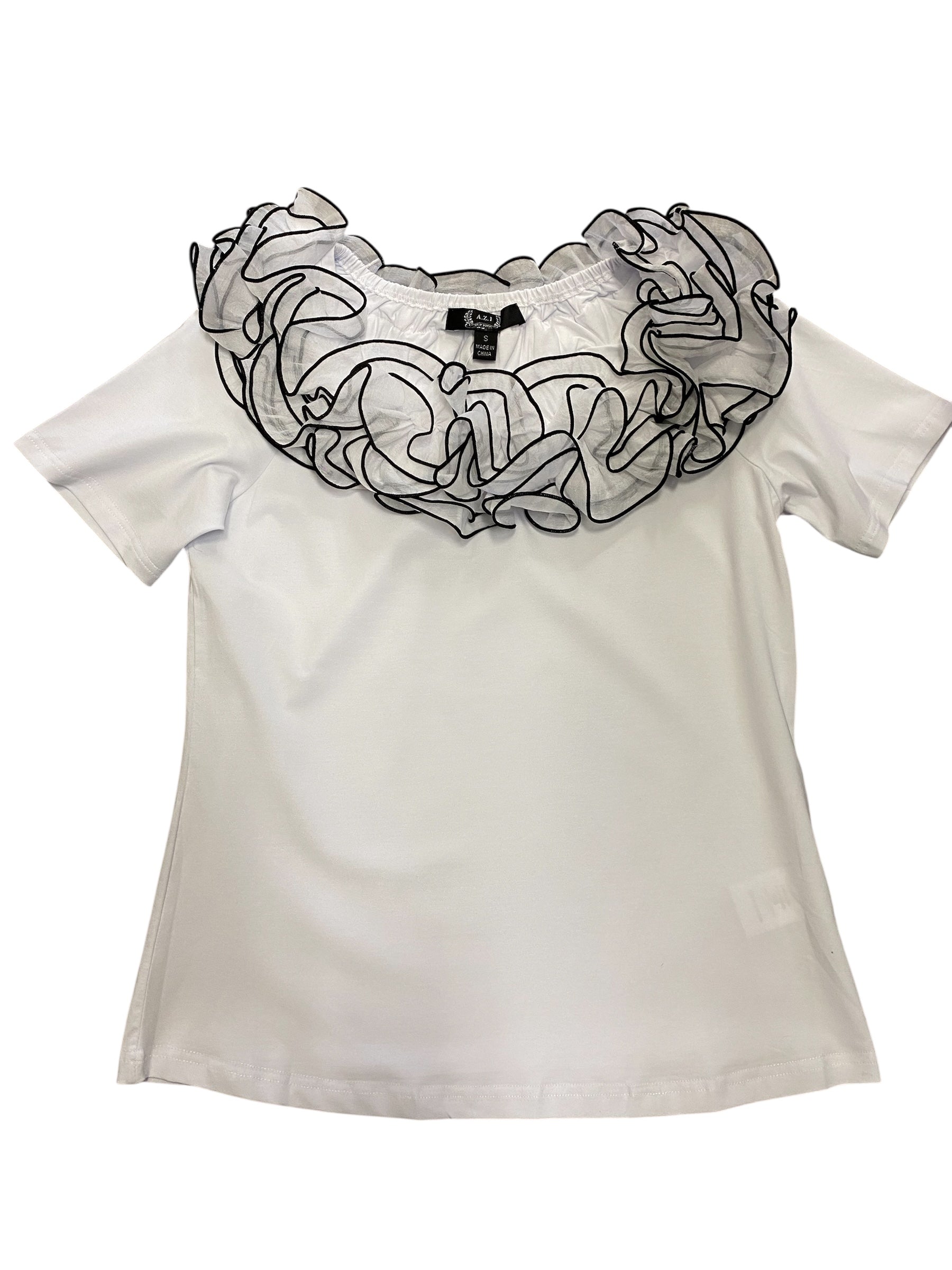 White top with ruffled lace collar on a white background
