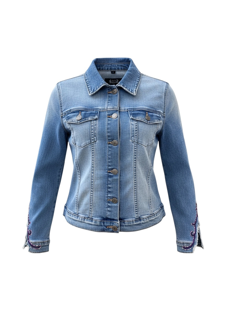 Blue denim jacket on a white background