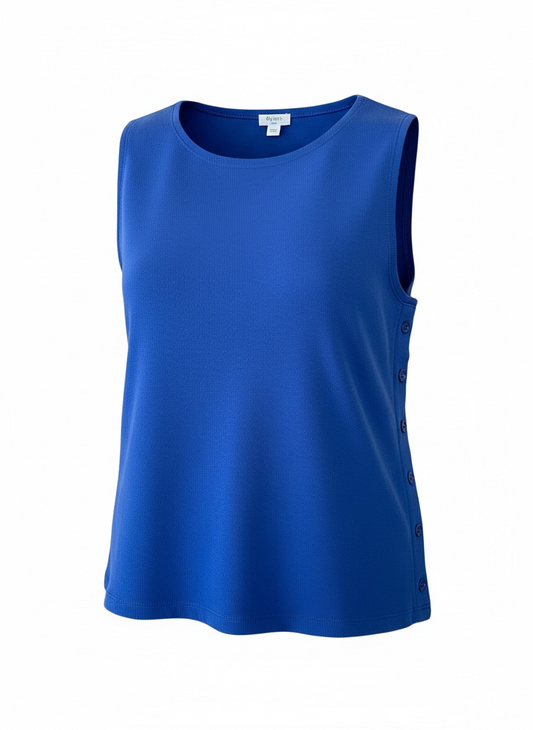 Blue sleeveless top on a white background