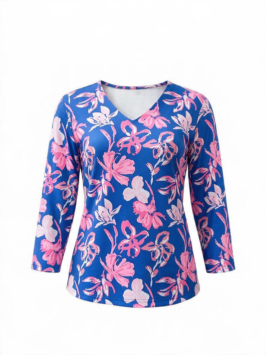 3/4 Sleeve  V Neck Top-FLDP
