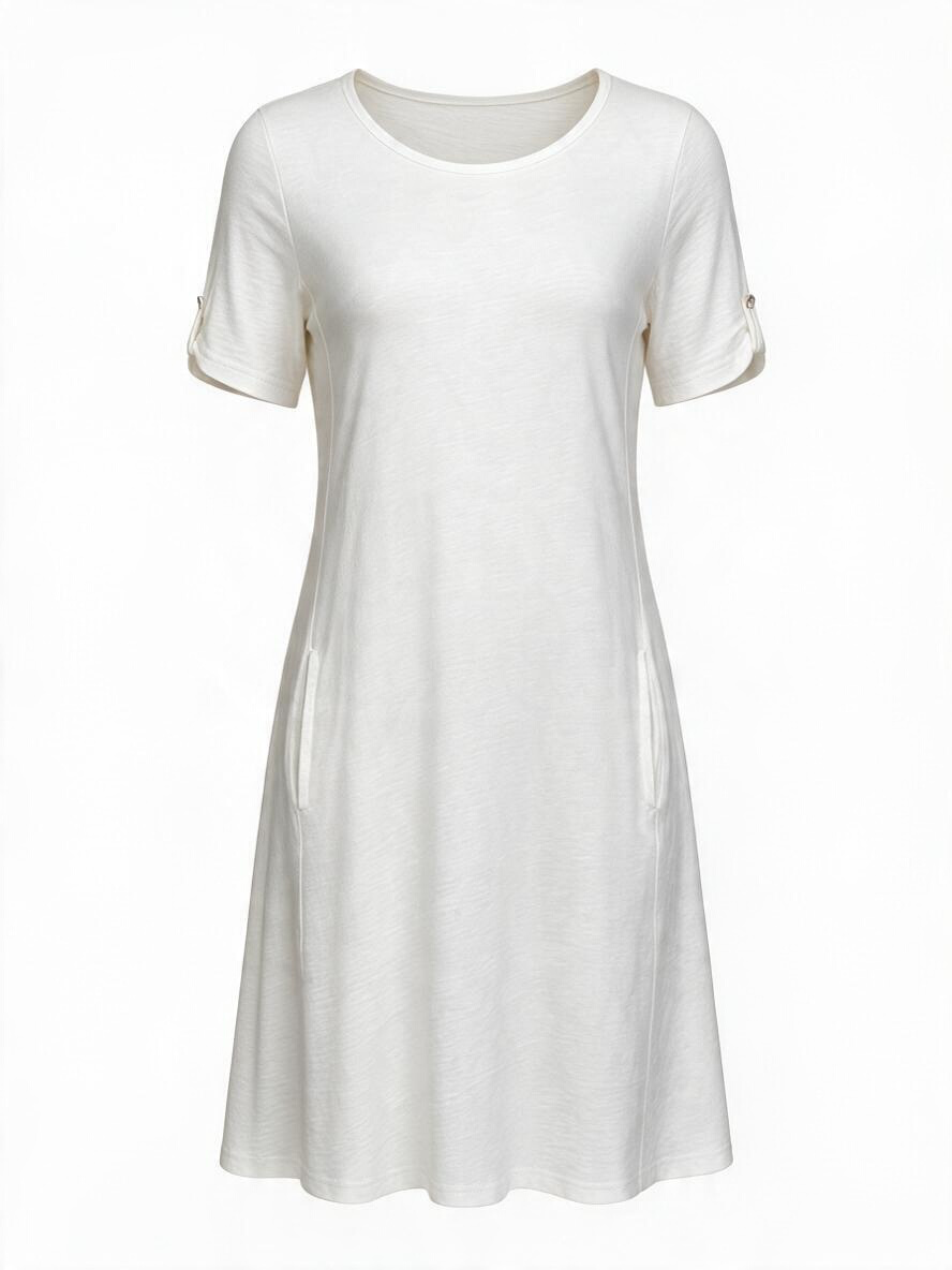 Cotton Button Sleeve Pocket Dress-White