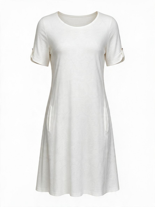Cotton Button Sleeve Pocket Dress-White