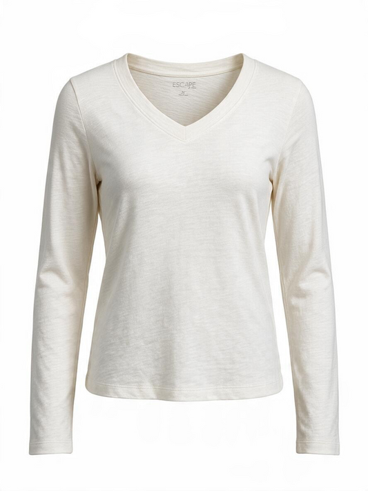 An off-white long-sleeve V-neck top with a slub texture, displayed on a clean white background.