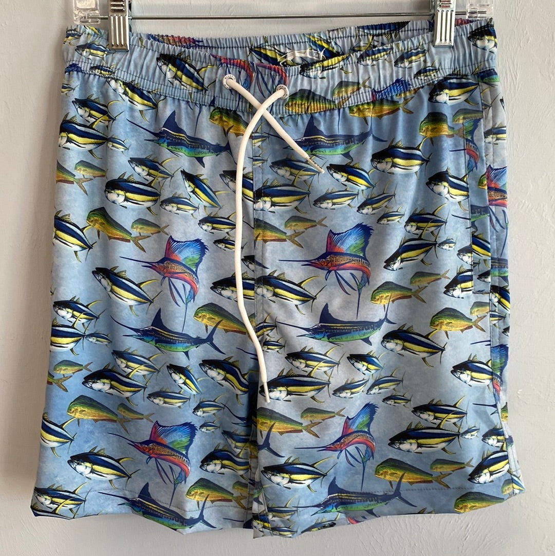 Multicolor Fishes Swim Short-Blue Ombre