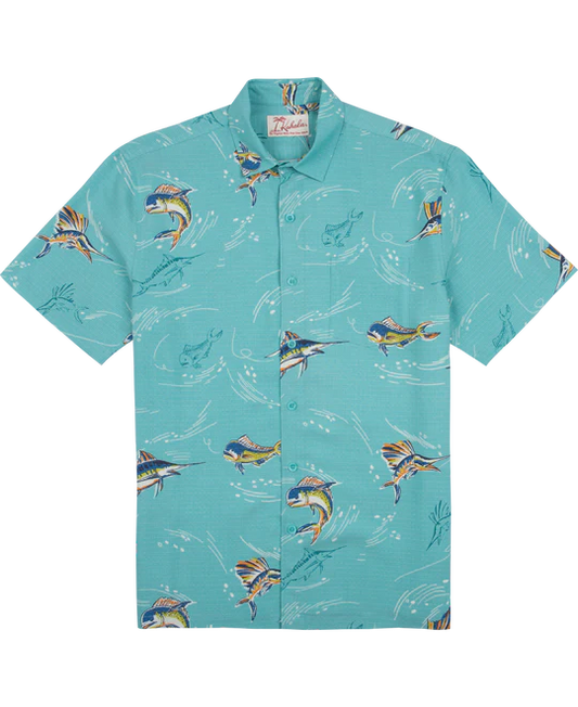 Fish Game Short Sleeve Button Up Shirt-Seafoam