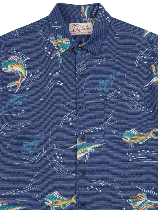 Fish Game Short Sleeve Button Up Shirt-Navy