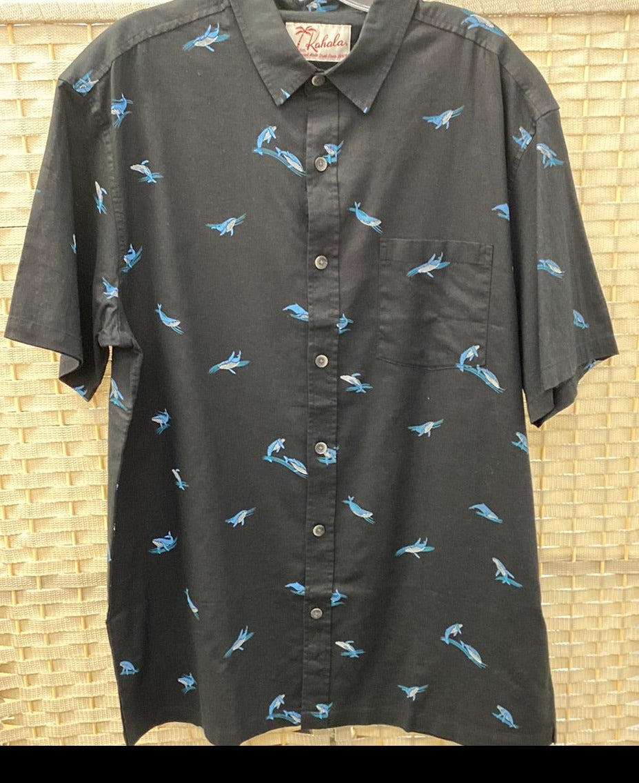 black with whale print button up