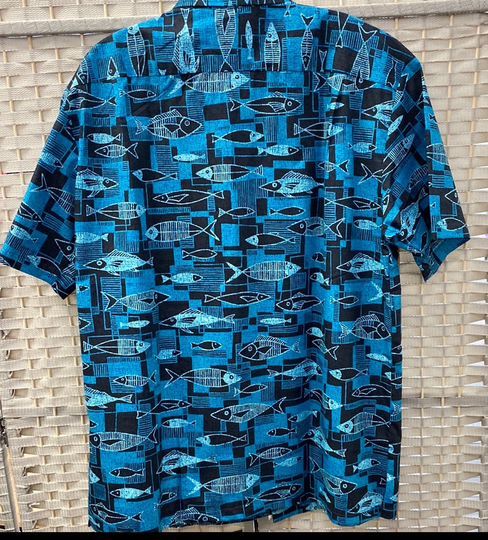 blue and black fish print button up